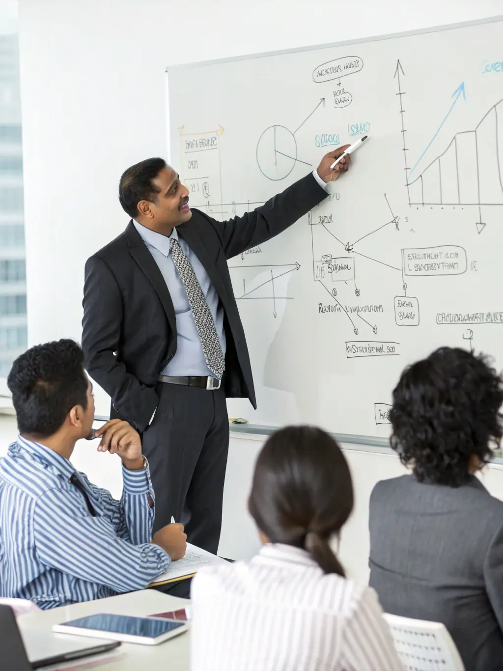 An Indian business leader presenting at a business finance conference, discussing financial strategy India.